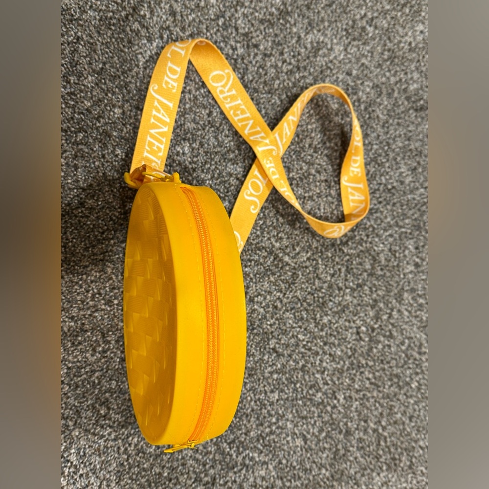 Sol de Janeiro Vibrant Round Mustard Yellow Rubber Crossbody Bag (8”x8”) unique - Picture 4 of 13